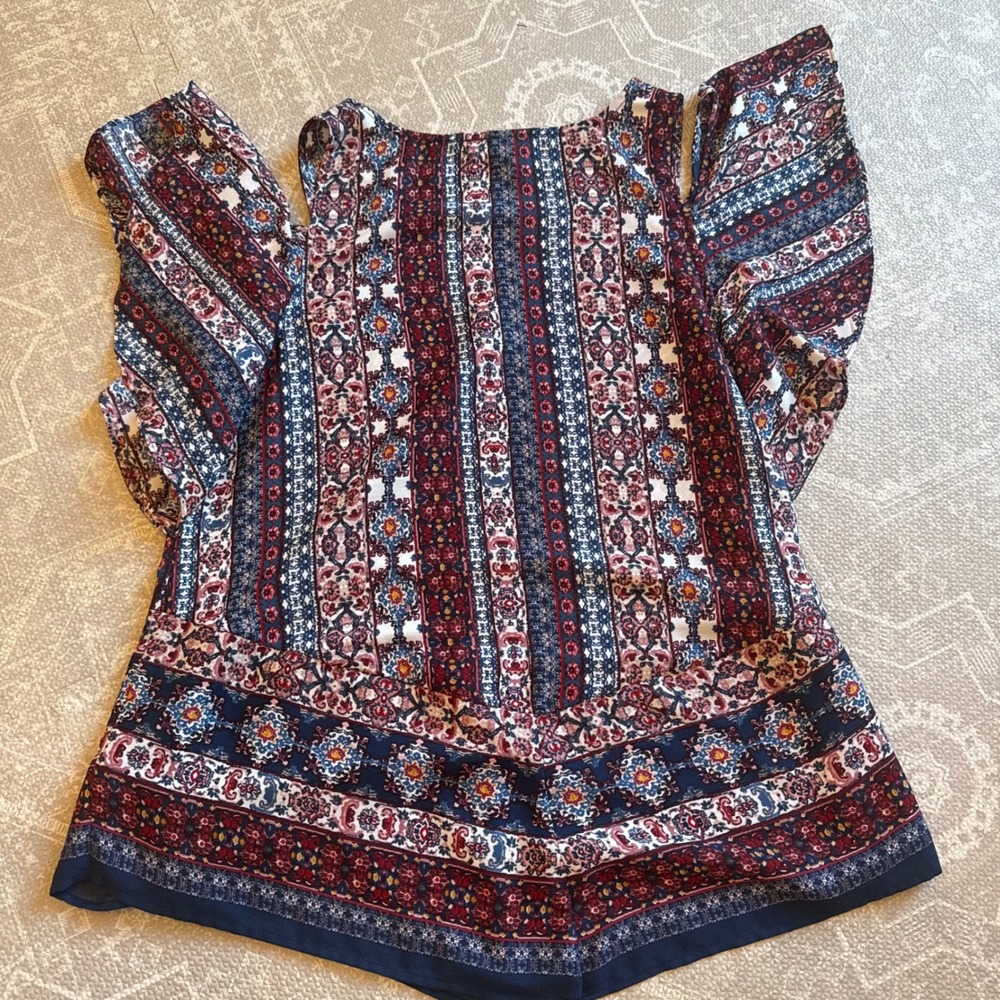 A. Byer Cold Shoulder Blouse Women Large Multi Boho Medallion Flutter Sleeve Top - Picture 5 of 5